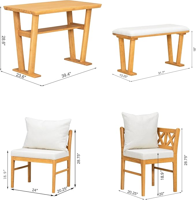 5 Pieces Wood Patio Furniture Set, Wood Outdoor Conversation Set with Bench, Loveseat, 2 Armchairs & Table, Natural+White
