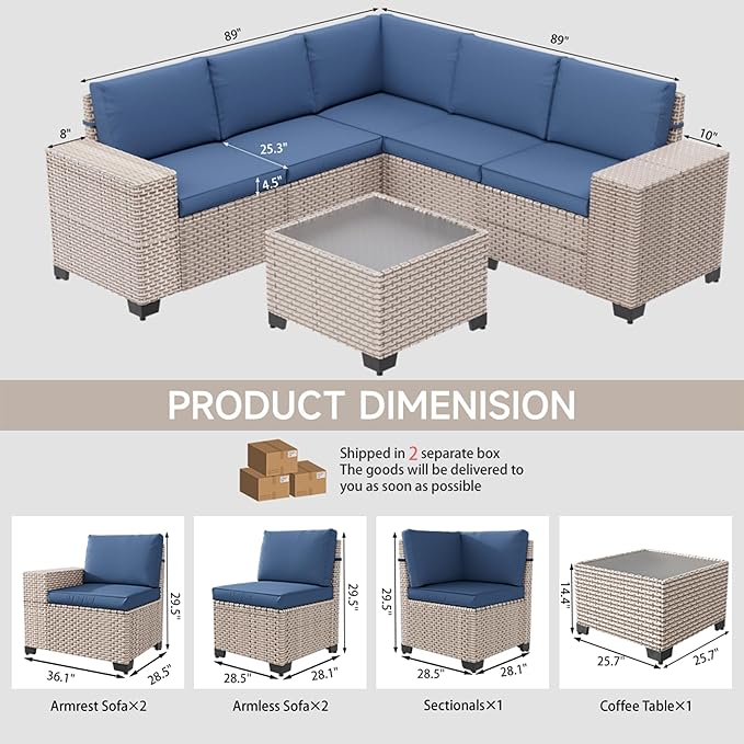 6-Piece Outdoor Patio Furniture Set, Modular Sectional Sofa Set with Glass Coffee Table and Cushions, Wicker Outdoor Couch Conversation Sets, Blue