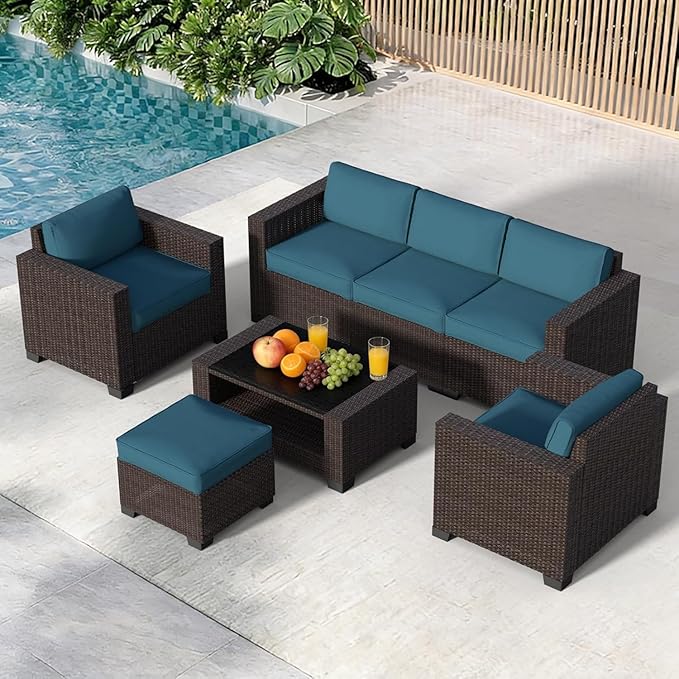 7 Pieces Patio Furniture Set Wicker Outdoor Furniture All-Weather Outdoor Sofa with Thick Cushions & Coffee Table Patio Conversation Set for Lawn, Patio, Balcony, Deck, Poolside (Brown & Peacock blue)