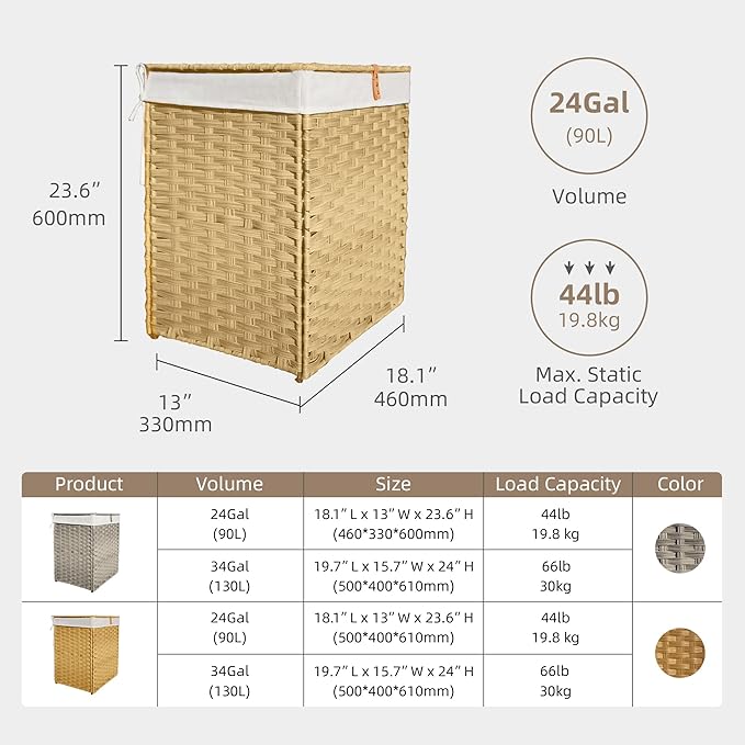 Outdoor Wicker Laundry Hamper with Lid,90L Foldable Laundry Basket with Removable,Machine Washable 2-Section Liner and Handles,Handwoven Yellow Rattan Hamper for Organization and Storage