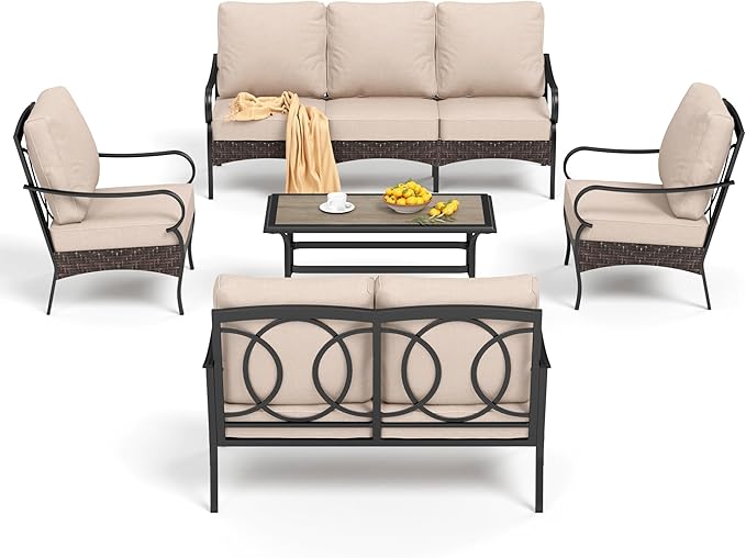 PHI VILLA Outdoor Modern Patio Furniture Set, Upgraded Wicker & Metal Patio Conversation Set with Waterproof Thick Cushions for Porch, Poolside, Yard (5 Pieces,Beige)