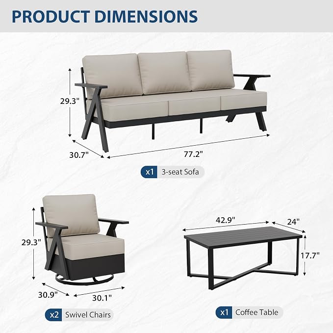 COOS BAY Iron Luxe 4 Piece Outdoor Patio Furniture Set, Modern Patio Conversation Set with 2 Swivel Rocking Chairs, a 3 Seat Couch & Coffee Table for Deck, Garden, Porch, Black/Beige