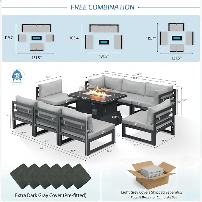 NICESOUL 9 Piece Modern Aluminum Patio Furniture Set with Fire Pit Table, 500 lbs Heavy Duty Outdoor Sectional Sofa, 29" Deep Wide Oversized Seating L Shaped Conversation Couch for Garden, Light Gray