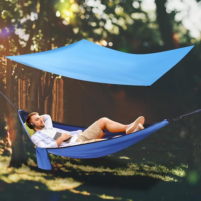 Camping Hammock, Portable Camping Hammock Double Tree Hammock Outdoor Indoor Backpacking Travel & Survival, with 2 Tree Straps and Attached Carry Bag (Blue)