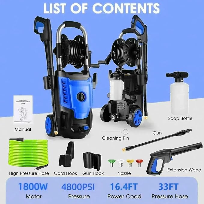 4800PSI Electric Pressure Washer- 3.8GPM High Power Washer with 33FT Hose Reel, 4 Spray Tips and Soap Bottle for Car Washing, Fence Cleaning, Patio Maintenance（Upgraded） (Blue)
