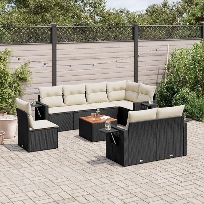 vidaXL Patio Sofa Set with Cushions 9 Piece, Outdoor Conversation Set, Sectional Sofa for Balcony Garden, Patio Furniture, Black Poly Rattan