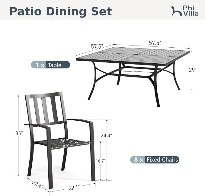 PHI VILLA Outdoor Dining Set for 8,57.5" Wood-Like Metal Table | 57.5” Square Black Metal Table with Umbrella Hole & Stackable Iron Chairs for Patio, Deck, Yard, Porch