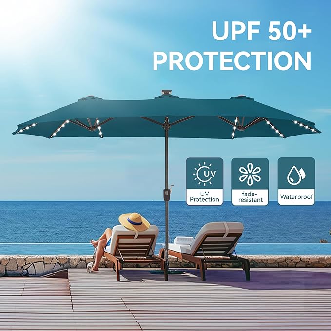 GREEN PARTY 13ft Outdoor Patio Umbrella with Solar Lights, 120 LED 12-Mode Large Double Sided Rectangular Table Umbrella, Heavy Duty Triple-Head Shade for Backyard Deck & Poolside, Cerulean(No Base)