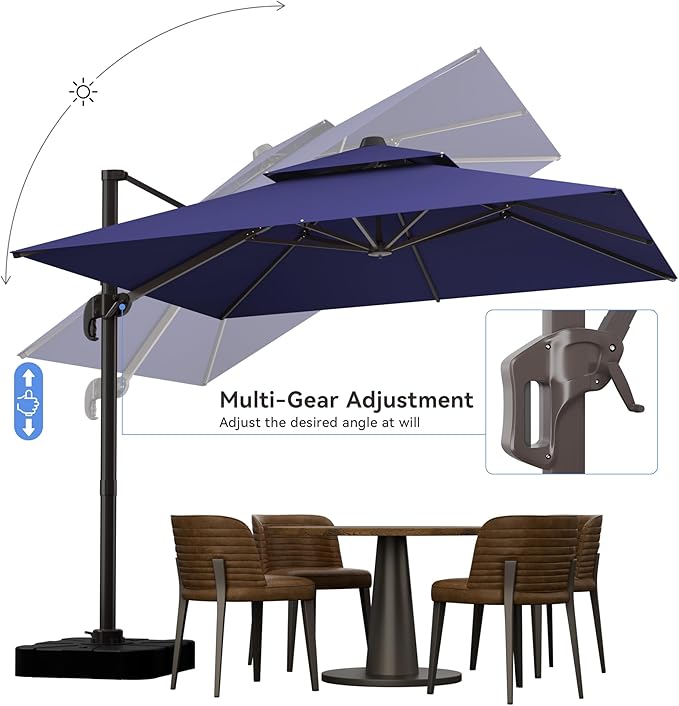 10x10FT Navy Blue Cantilever Outdoor Patio Umbrella with Base, Large Square Offset Design, Double Top Heavy Duty Aluminum Frame & 360° Rotation for Pool Garden Deck Backyard