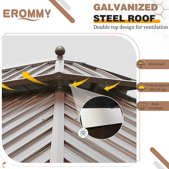 EROMMY 12'x14' Hardtop Gazebo, Galvanized Steel Outdoor Aluminum Canopy with Netting and Shaded Curtains, Double Roof Pergolas, Permanent Metal Pavilion for Patio, Backyard, Deck and Lawns