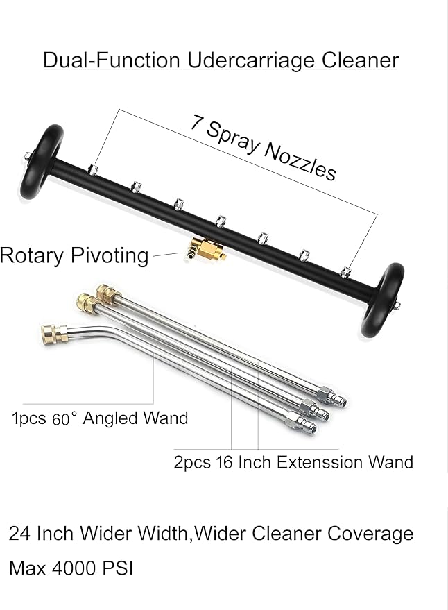 2-in-1 24" Dual-Function Undercarriage Pressure Washer Cleaner, Surface Cleaner for Power Pressure Washer Attachment， Underbody Car Wash Water Broom with 3 Pieces Extension Wand, 4000 PSI