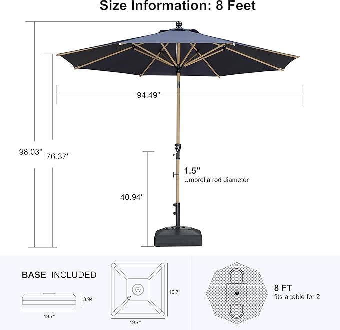 PURPLE LEAF 8 Feet Market Umbrella with Base Patio Umbrella Round Outdoor Table Umbrella with Push Button Tilt & Crank and 8 Ribs Aluminum Outdoor Umbrella for Garden Deck Balcony, Navy Blue