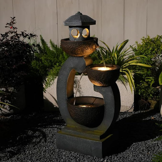 Tankana 35.5" H Water Fountain Outdoor Garden 3-Tier Cascading Bowl Japanese Fountain Waterfall with LED Light Japanese Garden Style for Patio Yard Balcony Zen Home Decor, Bronze Finish