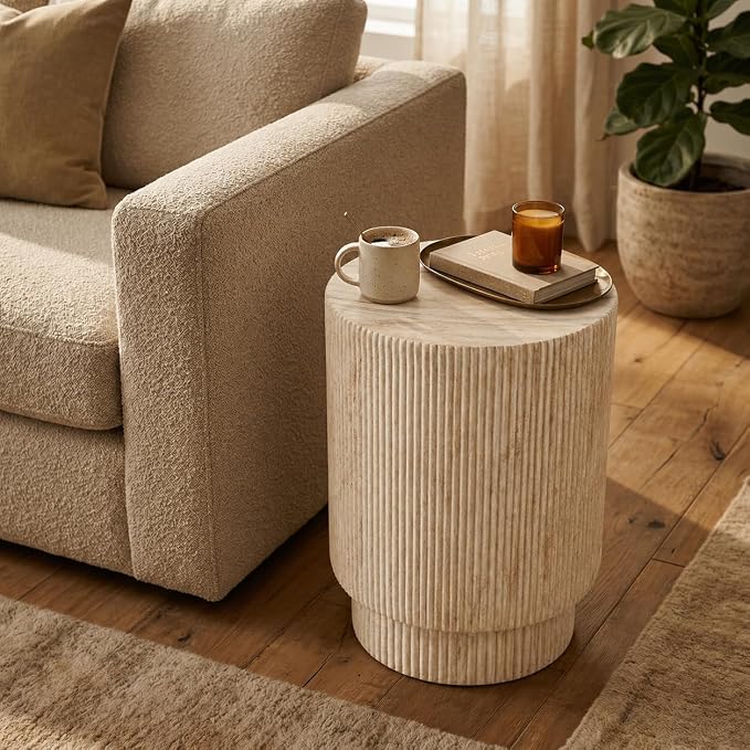 LeisureMod Eden Modern Side End Table – Indoor and Outdoor Accent Table for Living Room, Bedroom, Patio, Balcony, Porch, Garden, Small Spaces in Travertine