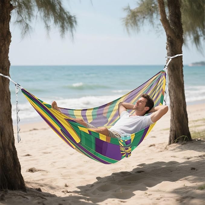 Mardi Gras Carnival Tie Masks Hats Outdoor Hammock with Tree Straps Tree Hammock for Outside Beach Patio Garden