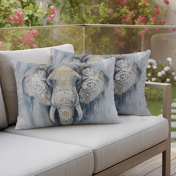 Boho Elephant Outdoor Pillow Covers 20"x12" Set of 2, Floral Pattern Animal Abstract Waterproof Throw Pillow Covers for Patio Furniture, Decorative Cushion Covers for Porch