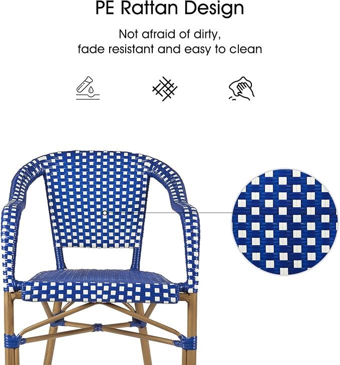 PURPLE LEAF 7 Pieces Patio Dining Set Outdoor Furniture Set with Aluminum Rectangular Table and French Bistro Arm Chairs for Garden Dinner Kitchen Set Gray Bamboo Finish Deep Blue