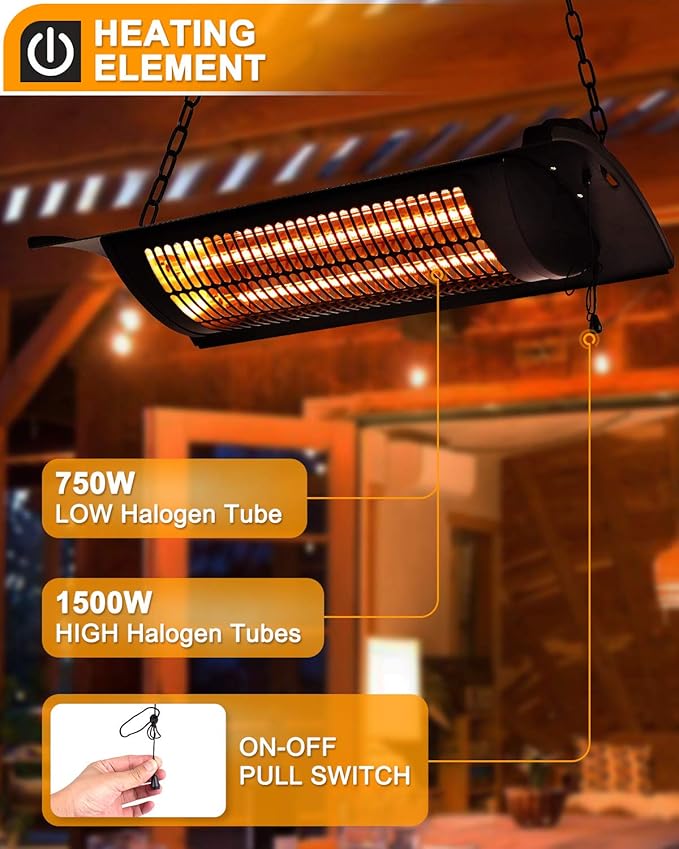 Star Patio Electric Patio Heater, Outdoor Heater, 750W/1500W Ceiling Infrared Heater with Rectangular Shape, Black, Silent Heating Hanging Patio Heater, IP44 Waterproof, STP2066-CN2025