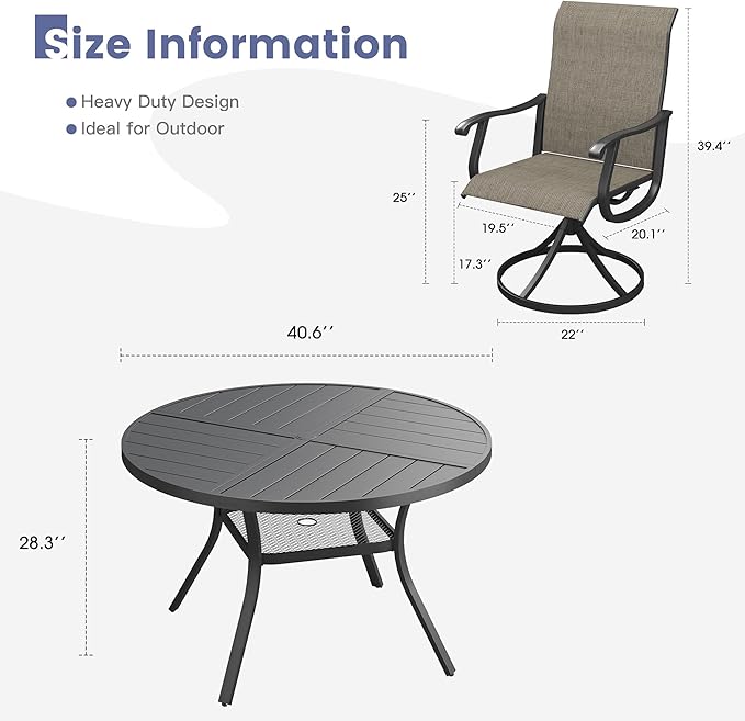 VICLLAX 5 Pieces Patio Dining Set, Patio Furniture Set of 4 Patio Swivel Dining Chairs and 40.6" Patio Spliced Round Tabletop with Storage Shelf, Mixed Brown Chairs & Black Tabletop