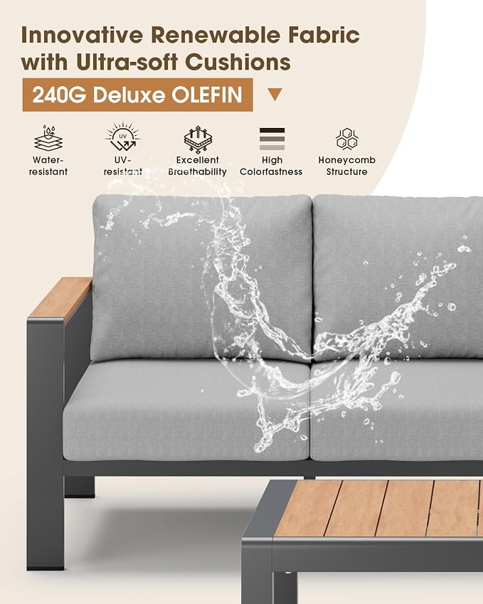 Aluminum Outdoor Patio Furniture Set, 8 Seats Patio Conversation Sets, Oversized Outdoor Sectional with Washable Thick Cushions & Coffee Table for Backyard, Garden and Poolside, Gray