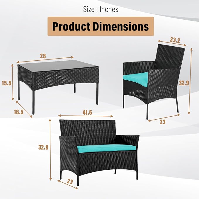 NChanmar Patio Furniture Set, 4 Pieces Outdoor Furniture Rattan Chair, Patio Table and Chairs Set, Wicker Sofa for Yard,Pool and Backyard, Blue