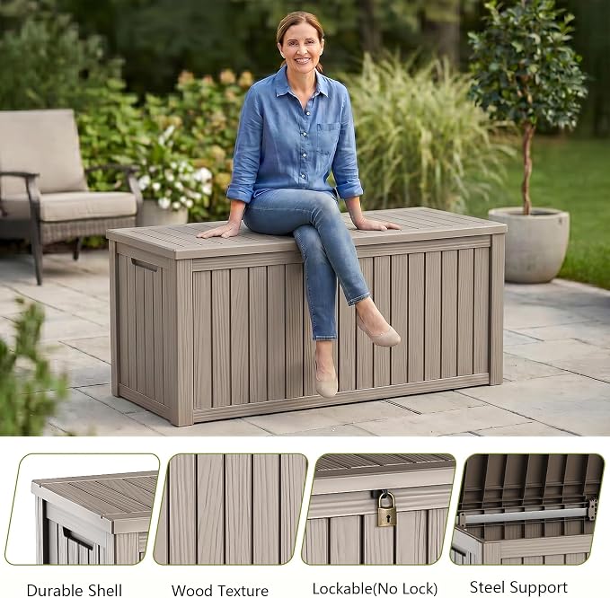 Waterproof Outdoor Storage Box Outside Deck Box Lockable Resin Bench UV Resistant Furniture Cushion Pool Tool Float Bin Patio Garden Porch (Grey, 150 Gallon)