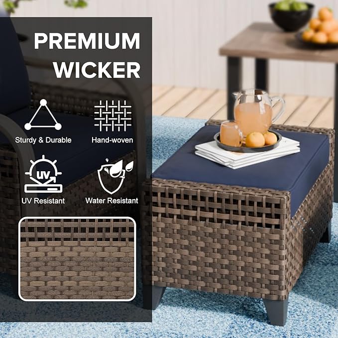 COOS BAY Modern Wicker Outdoor Furniture Set, 3 Piece Patio Conversation Set with a Loveseat and 2 Ottomans, 3 Piece, Brown/Blue