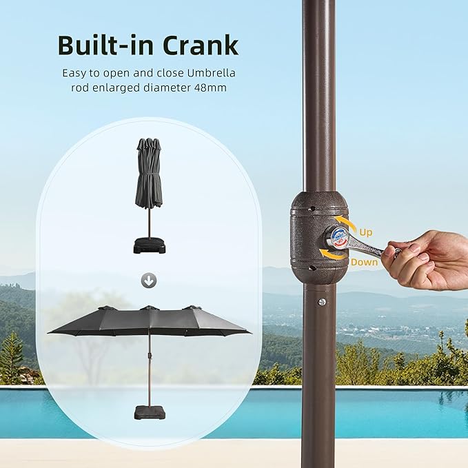 15ft Patio Umbrella with Base Included, Rectangle Double Patio Umbrellas with Crank Handle 12 Ribs, Heavy Duty Large Table Umbrella for Pool Deck Garden Party Commercial