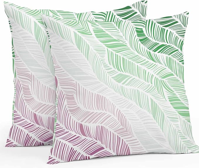 Vandarllin Outdoor Throw Pillows Covers 20x20 inch Set of 2 Waterproof Summer Beach Decorative Zippered Cushion Covers for Patio Furniture, Ombre Green Abstract Leaf Lines Lumbar Pillowcases
