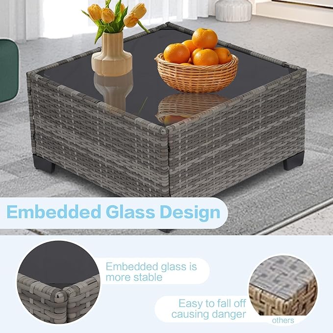 7-Piece Modular Outdoor Sectional Wicker Patio Conversation Set with Glass-Top Coffee Table, All-Weather Rattan and Cushion Fabric – Gray/Navy