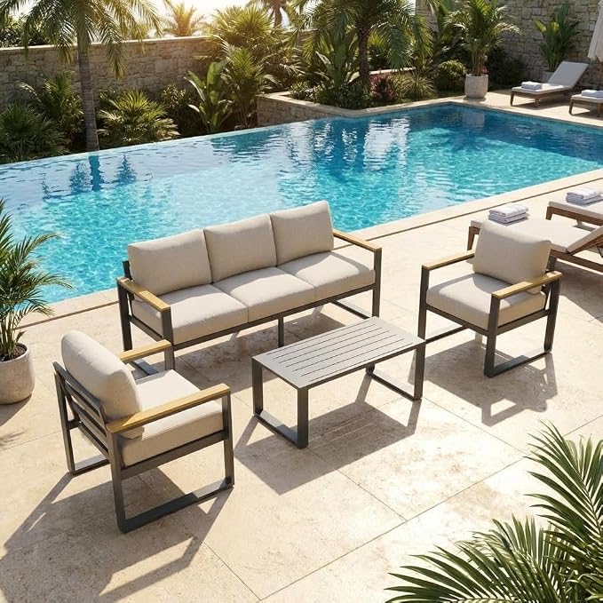 IDEALHOUSE Aluminum Outdoor Patio Furniture - 1 Pcs 3-Seat Sofa and Coffee Table, All-Weather Metal Modern Outside Furniture with Washable Thick Cushion for Balcony, Garden, Deck, Backyard,Beige