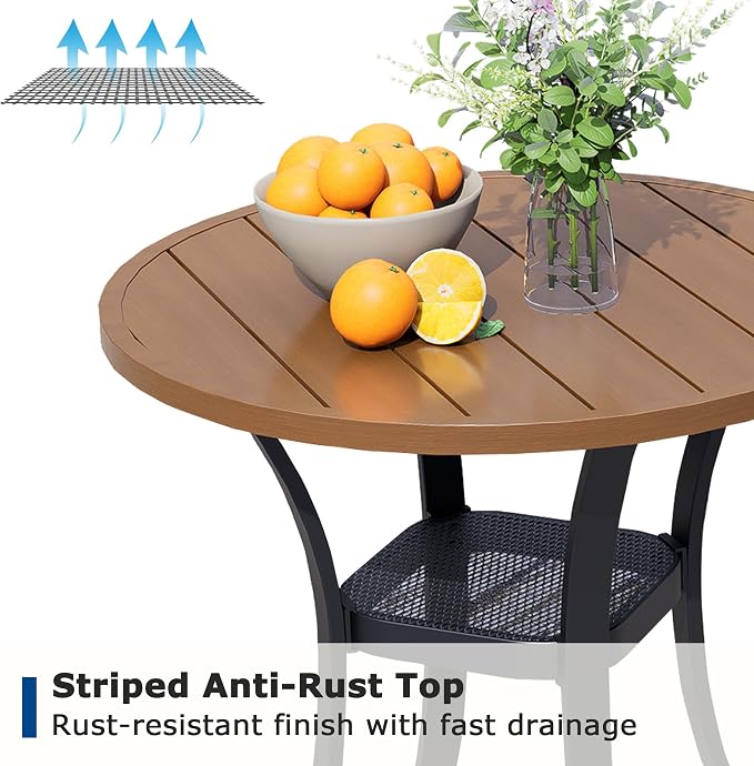 27.6" Round Patio Table, Metal Outdoor Dining Table for Garden, Backyard and Deck, Small Round Patio Dining Table for Outside, Walnut