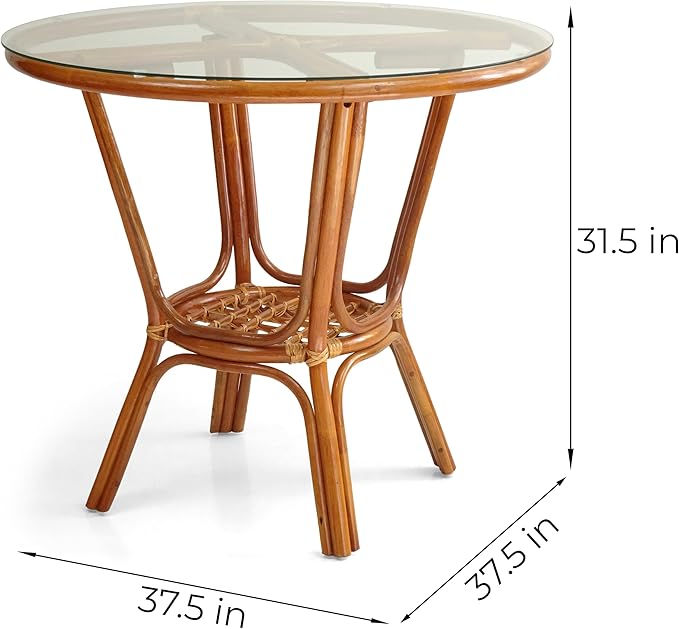 3 Pcs Pelangi Rattan Wicker Dining Set Round Table Glass Top and 2 Arm Chairs with Cream Cushion, Colonial Color