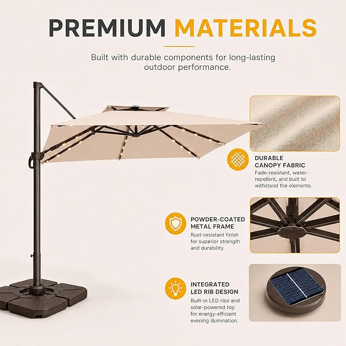 10FT Cantilever Patio Umbrella with Solar Lights, Large Outdoor 2 Tier Aluminum Offset Square Umbrellas 360 Degree Rotation for Garden Deck Pool