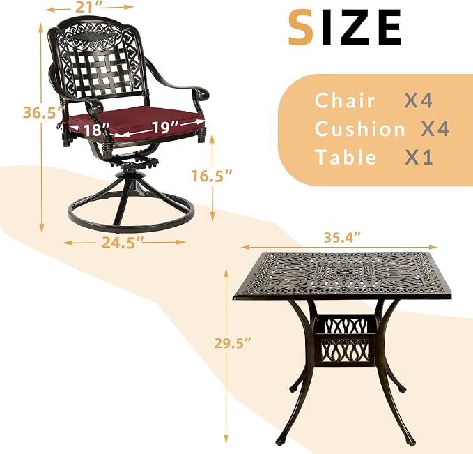 5 Piece Patio Dining Set, Outdoor Table and Chairs Set for 4 Cushioned Swivel Rocking Chairs and 35.4'' Square Table, All-Weather Cast Aluminum Patio Funiture Set, 2.2'' Umbrella Hole, Red