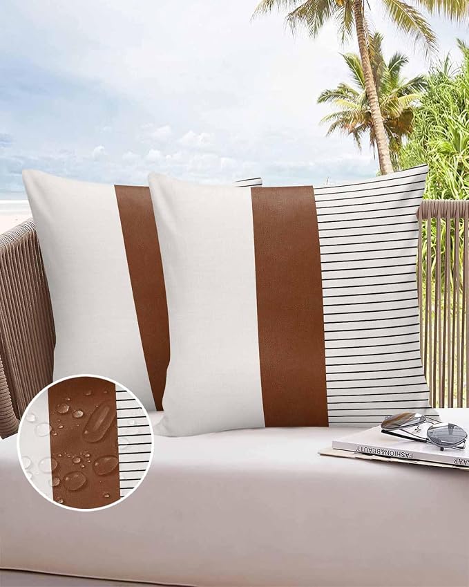 Outdoor Waterproof Throw Pillow Covers 24x24in, Farmhouse Mid Century Cushions for Garden Patio Furniture Chairs Set of 2, Boho Stripes Texture Home Decor Couch Sofa Polyester Pillow Cases