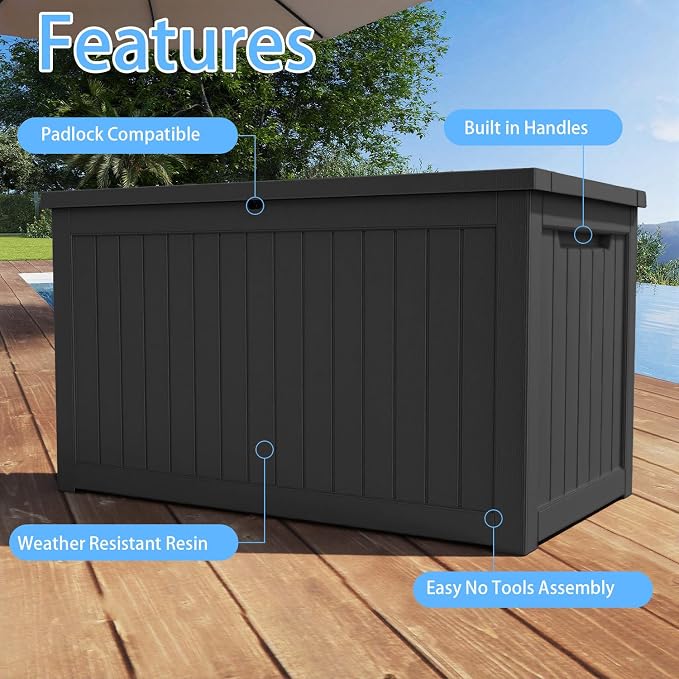 Pepe Tee Waterproof Resin Deck Box, Outdoor Storage Bin for Patio Furniture Cushions, All-Weather Garden Organizer & Seating Bench, Black
