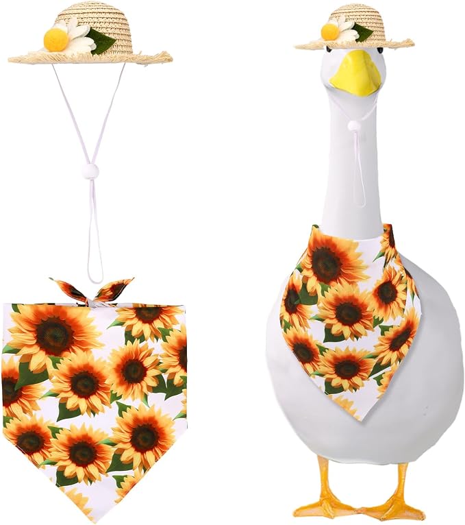 Lyreh Porch Goose Outfits, Hawaiian Sunflower Pastoral Style Goose Clothes Set Straw Hat & Scarf Costume for 23/17" Lawn Statue for Outdoor Garden Yard Patio Decor Accessories