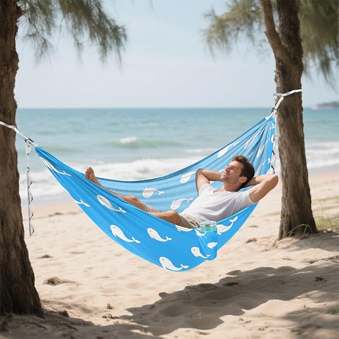 Camping Hammock Outdoor Hammocks for Outside Blue White Whales Beach Trees Portable Lightweight with Pockets Tree Straps Indoor Small