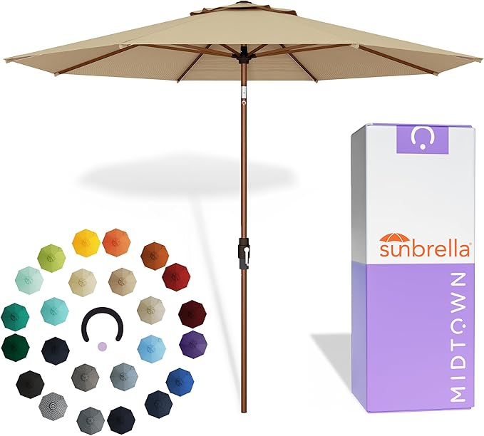 Midtown Umbrellas Wooden 2-8 Ft Patio Umbrella with 360° Swivel & Tilt Mechanism, 8 Fiberglass Ribs & Sunbrella Fabric - Outdoor Umbrella for Deck, Pool & Garden - Burgundy Canopy, Wooden Pole