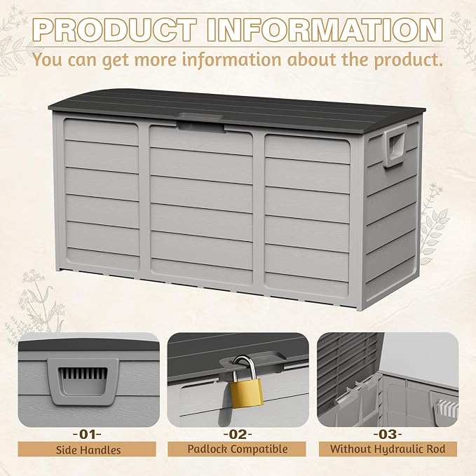 SUNCROWN 75 Gallon Deck Storage Box Resin Outdoor Storage Container with Handles for Patio Garden Yard Porch, Grey
