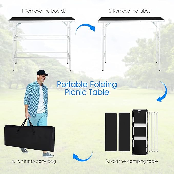 Goplus Folding Camping Table, Portable Pop-Up Bar Table with 2-Tier Storage Shelves, Removable Cloth Cover, Aluminum Foldable Camp Table for Picnic, Tailgate, Party, Travel, Outdoor