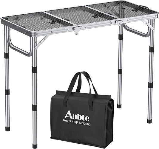 Anbte 3ft Folding Grill Table with Storage Bag, 3 Adjustable Height 27.5" Aluminum Portable Grill Table, Heat Resistant, Lightweight, Portable Handle for BBQ Cooking Camping Travel, 35" X 16", Silver
