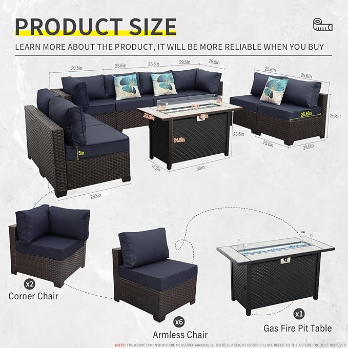 9 Pieces Wicker Patio Furniture Set Outdoor PE Rattan Sectional Conversation Sofa Set with Navy Blue Cushions and 45 Gas fire Pit Table