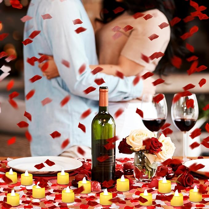 Coume 6000 Pcs Artificial Rose Petals with 72 Pcs Flameless LED Candles Romantic Decorations Fake Candles Anniversary Decorations for Valentine's Day Wedding Night(Warm White with Red Series Petal)