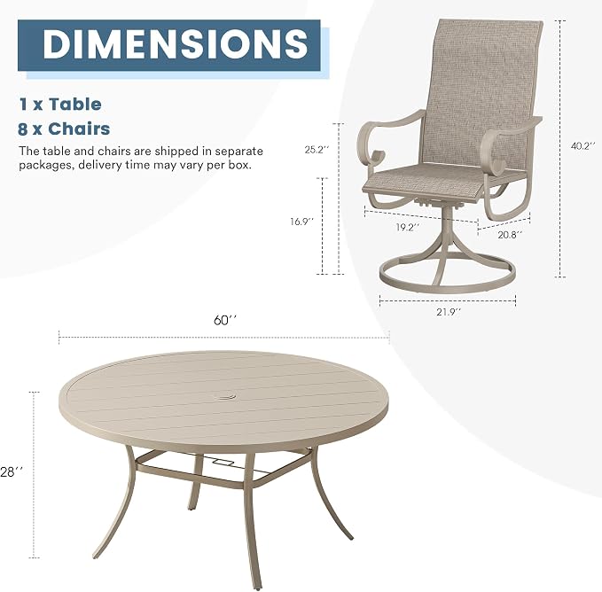 DIFY 9 Pieces Outdoor Dining Set for 8, Outdoor Furniture Set of 8 Textilene Swivel Patio Chairs, 60" Round Metal Dining Table with Umbrella Hole, for Garden Deck Backyard, Sandshell
