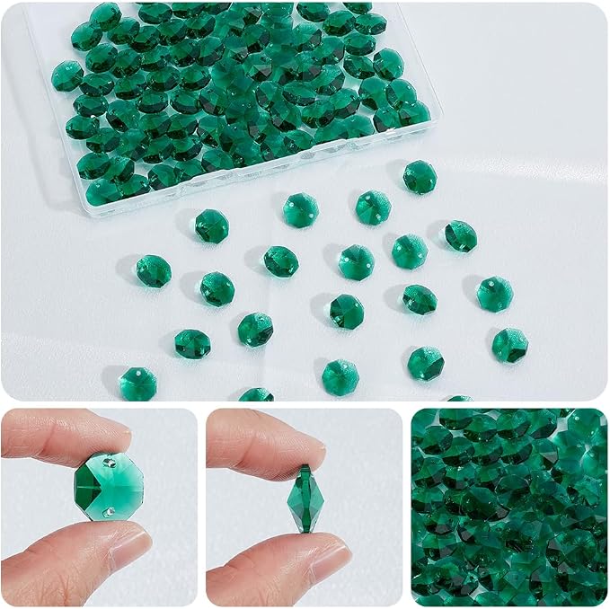 1 Box 120Pcs 14mm Glass Octagon Beads 2 Hole Crystal Prism Beads Sun Catcher Dark Cyan Chandelier Replacement Connector Faceted Spacers for Suncatchers DIY Lamp Hanging Pendants Jewellery