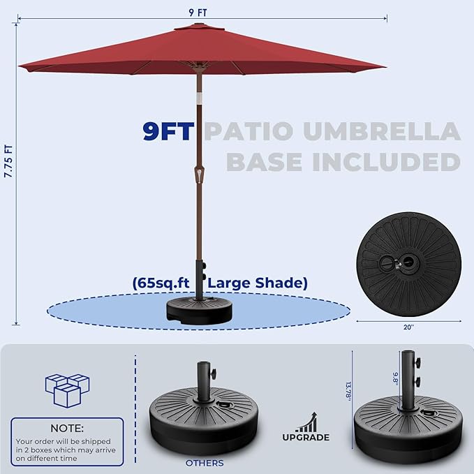 BRIOPAWS 9FT Patio Umbrella with Base Included | Outdoor Table Umbrellas | Push Button Tilt & Crank | 8 Sturdy Fiberglass Ribs | Waterproof | Heavy Duty for Garden Lawn DeckBackyard & Pool
