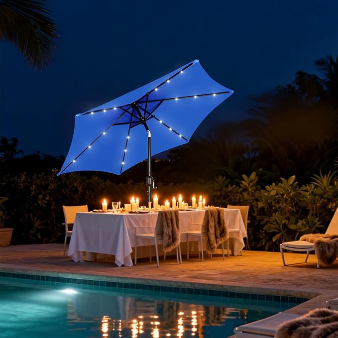 Blissun 7.5 ft Solar Umbrella, 18 LED Lighted Patio Umbrella, Table Market Umbrella