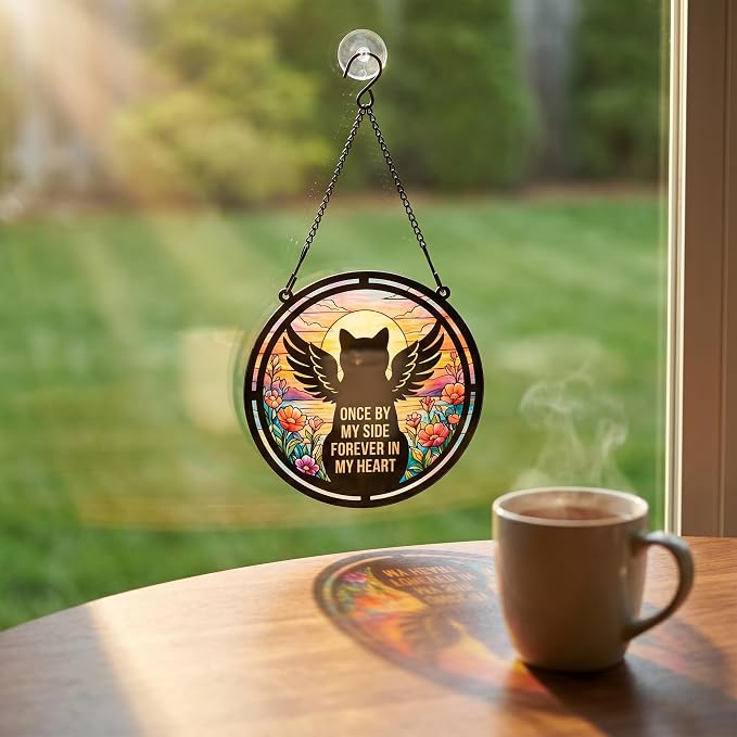 BamLue Cat Angle Memorial Suncatcher Window Hanging Decor, Loss of Cat Sympathy Sun Catchers Wall Art Gifts for Pet Lover